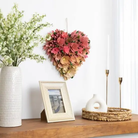 13" Pink & Yellow Mixed Floral & Foliage Artificial Valentine's Day Heart Wreath {3}