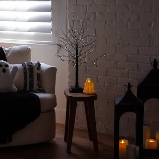 2ft. Pre-Lit Artificial Halloween Black Twig Tree with 210 Warm White Fairy Copper Wire LED Lights {9}