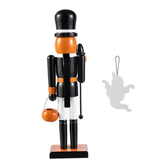 Glitzhome&reg; 18.5"H Halloween Wooden Pumpkin Nutcracker with Ghost Ornament {8}