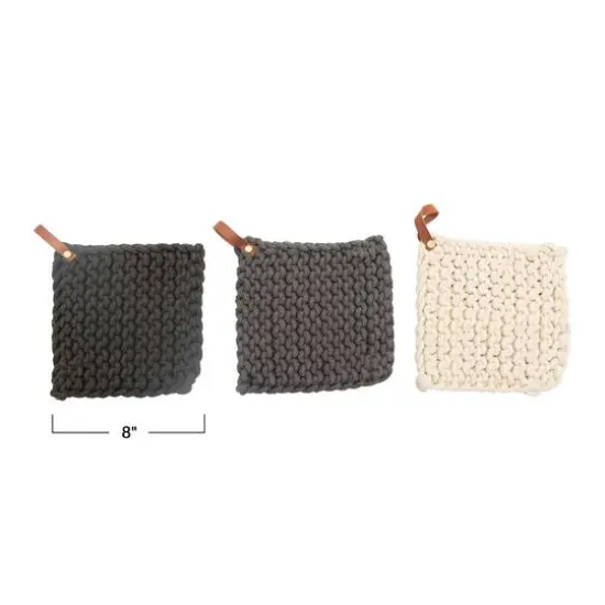 Hello Honey® Gray & Cream Square Leather Loop Crochet Cotton Pot Holder Set {1}