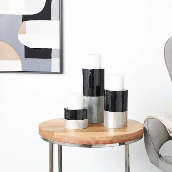 Black Metal Colorblock Candle Holder with Gold and Silver Streaks Set {3}