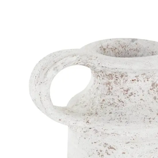 10" White Ceramic Antique Style Textured Vase with Terracotta Accents and Ring Handle {8}