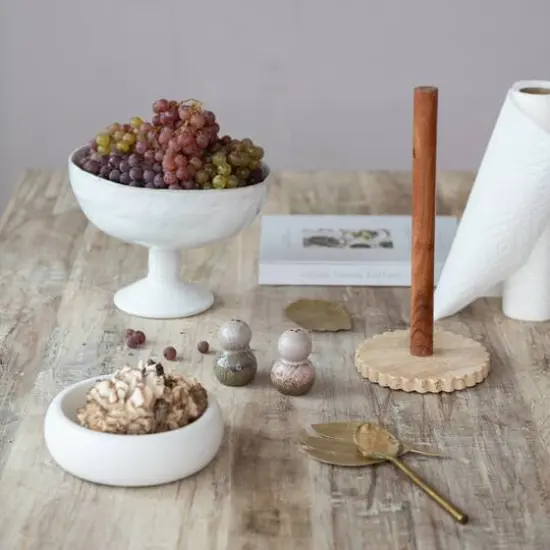 Hello Honey Acacia Wood Paper Towel Holder with Scalloped Travertine Base, Natural and Cream Color {4}