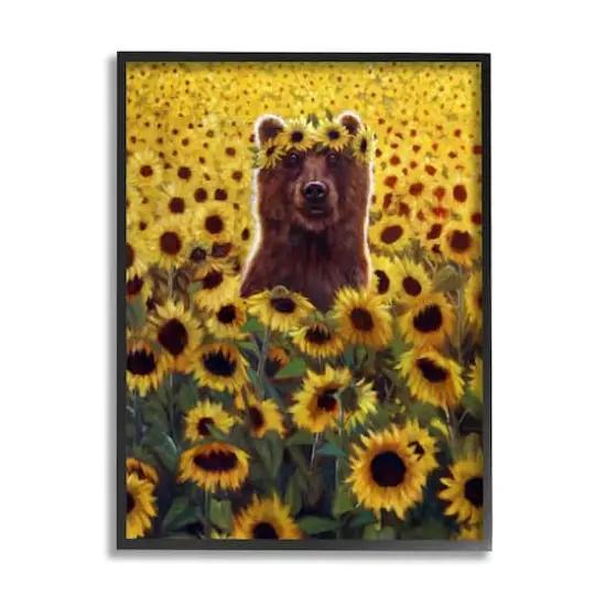 Stupell Industries Happy Bear Sunflower Field Framed Giclee Art Black {1}
