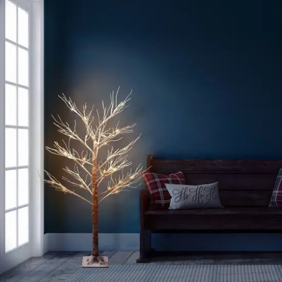 4ft. Pre-Lit Flocked Brown Artificial Twig Tree, White Lights {7}