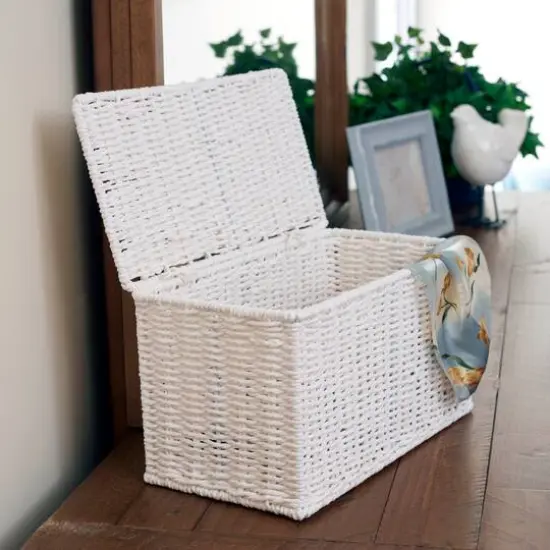 Household Essentials Small White Wicker Basket with Lid {3}