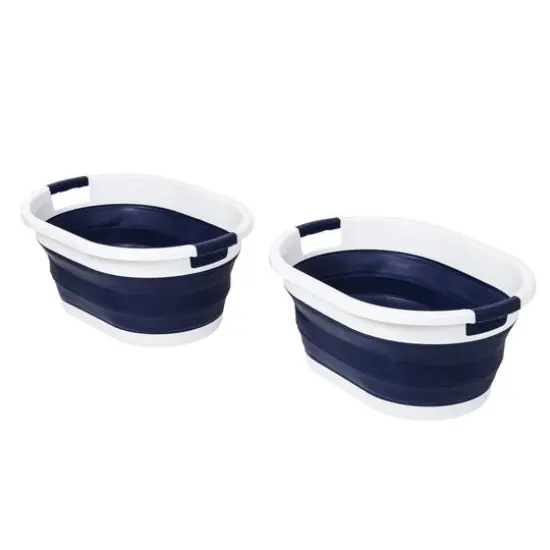 Honey Can Do 24" Collapsible Rubber Laundry Basket Set Blue and White {3}