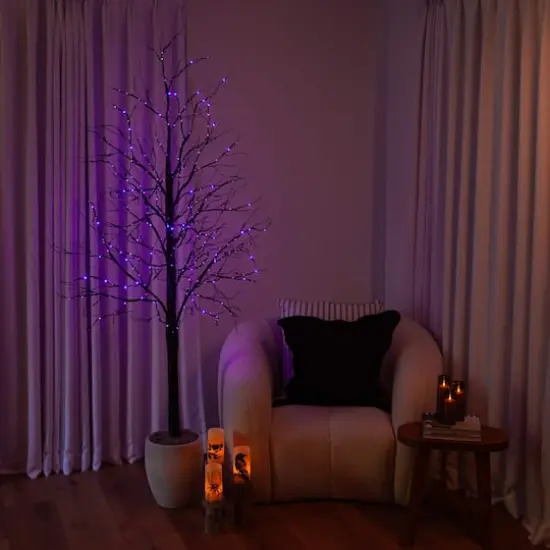 7ft. Pre-Lit Halloween Black Twig Artificial Tree with 390 Orange & Purple LED Lights {12}