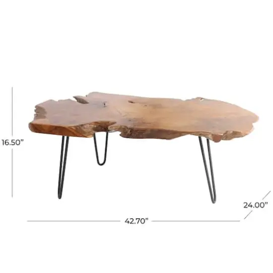 43" Brown Teak Wood Handmade Live Edge Coffee Table with Black Metal Hairpin Legs {10}