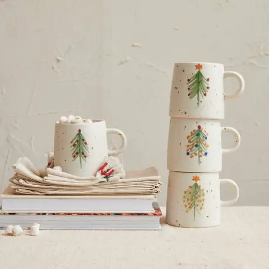 Hello Honey&reg; 12oz. Speckled Hand-Painted Christmas Tree Stoneware Mug Set {4}