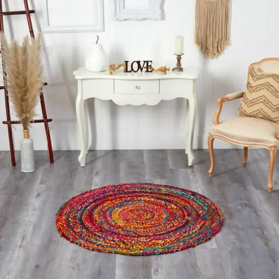 4ft. x 4ft. Hand Braided Boho Colorful Chindi Round Rug {4}