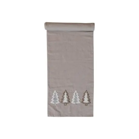 Hello Honey® 72" Natural Brown, Silver & Gold Cotton Chambray Table Runner with Embroidered Tufted Trees & Glass Beads {4}