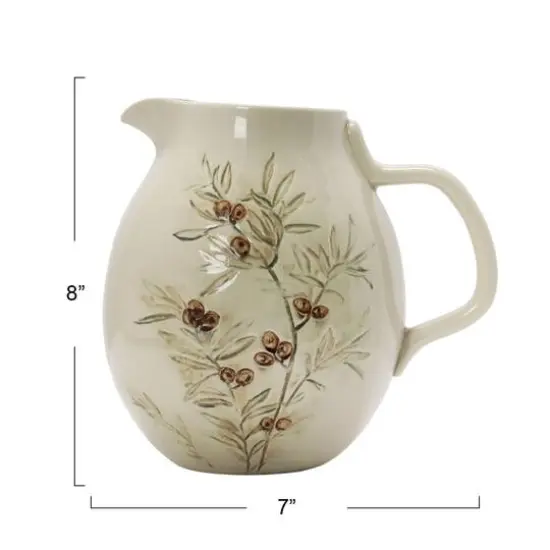 Hello Honey&reg; 3qt. Cream & Green Olive Branch Design Debossed Stoneware Pitcher {7}