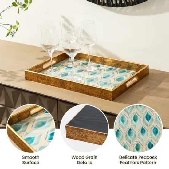 Glitzhome&reg; Rectangle Peacock Feathers Patterned Decorative Trays Set {7}