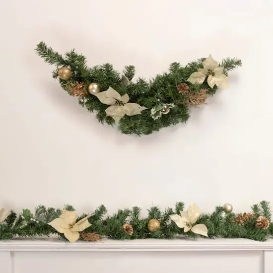 Pre-Decorated Gold Poinsettia Pine Cone & Ball Artificial Garland, Unlit {4}