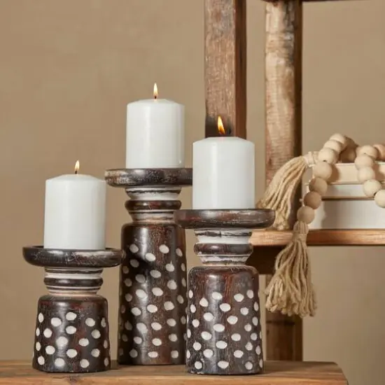 Dark Brown Mango Wood Round Carved Dotted Pillar Candle Holder Set {7}