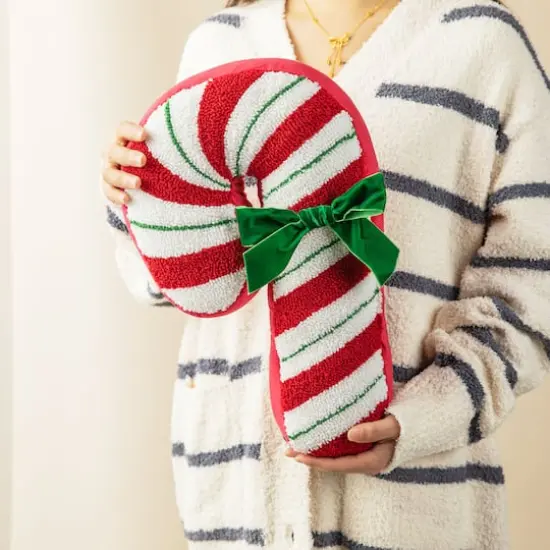 Glitzhome&reg; 15.75" Hooked Christmas Candy Cane Pillow {5}