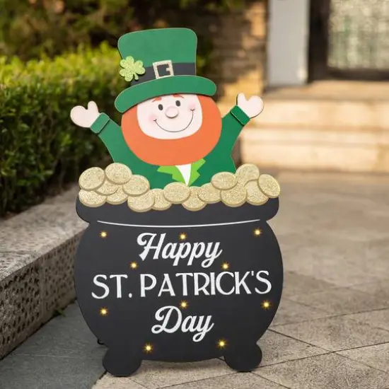 Glitzhome&reg; 24" Lighted St. Patrick's Wooden Leprechaun Pot of Gold D&eacute;cor {4}