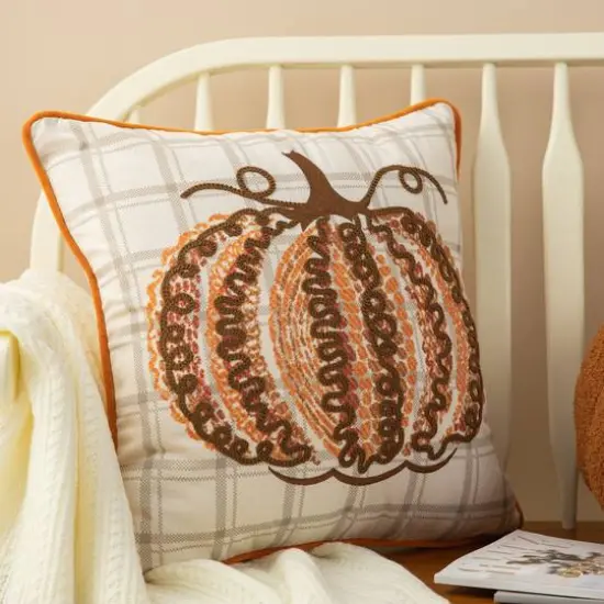 Glitzhome&reg; 18" Fall Embroidered Pumpkin Pillow Cover {4}