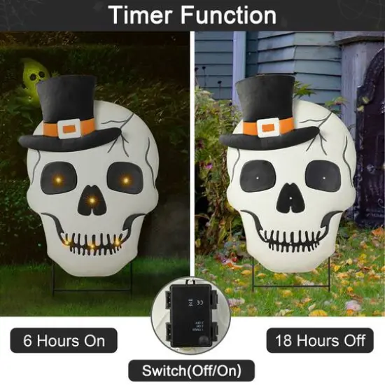 Glitzhome&reg; 38" Lighted Halloween Metal Skull Yard Stake with Timer {5}