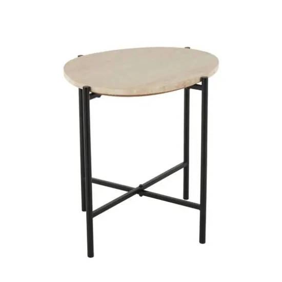 19.75" Beige Marble Accent Table with Black Metal Support {11}