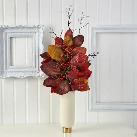 3ft. Autumn Magnolia Leaf & Berries in White Planter {4}