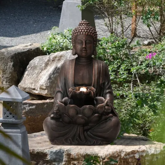 Glitzhome&reg; 23.25" Zen-Style Meditating Buddha Statue Outdoor Fountain with LED Light {4}
