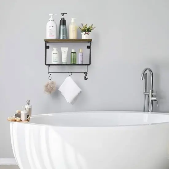 Wood & Metal Wall Mounted Bathroom Towel Rack with 6 Hooks Black {8}