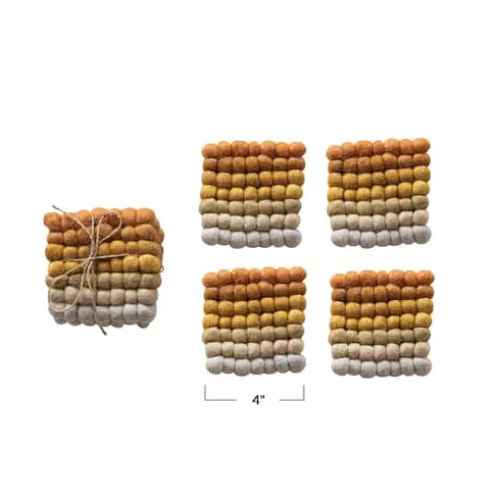 Hello Honey&reg; 4" Yellow, Orange & Cream Handmade Wool Felt Ball Coaster Set {4}