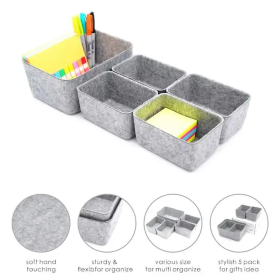 Welaxy Felt 5 Piece Drawer Organizer Bins Gray {5}