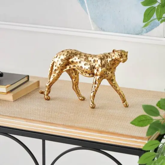 10" Gold Leopard Walking Sculpture with Textured Spots {3}