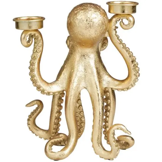 9" Gold Polystone Textured Octopus Candelabra with Tentacle Candle Slots {5}