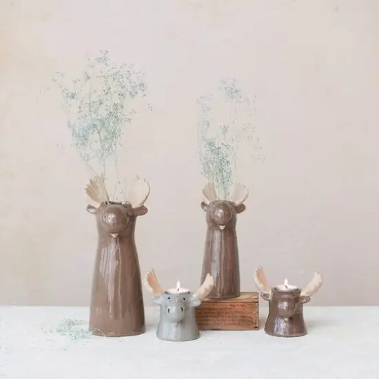 Hello Honey&reg; 8" Brown & Natural Stoneware Moose Vase {3}
