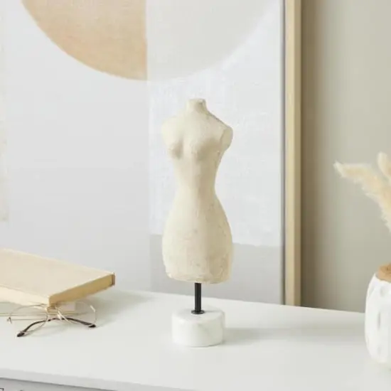 14.25" Cream Antique Style Paper Mache Female Dress Form Sculpture with White Marble Base {3}