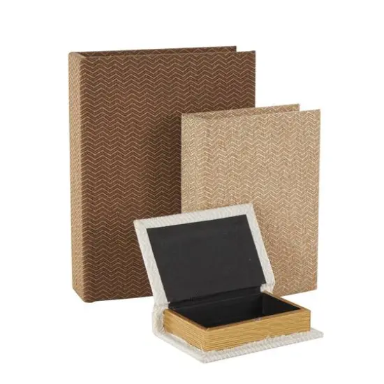 Brown & Cream Linen Fabric Chevron Patterned Decorative Book Storage Box, 3ct. {3}