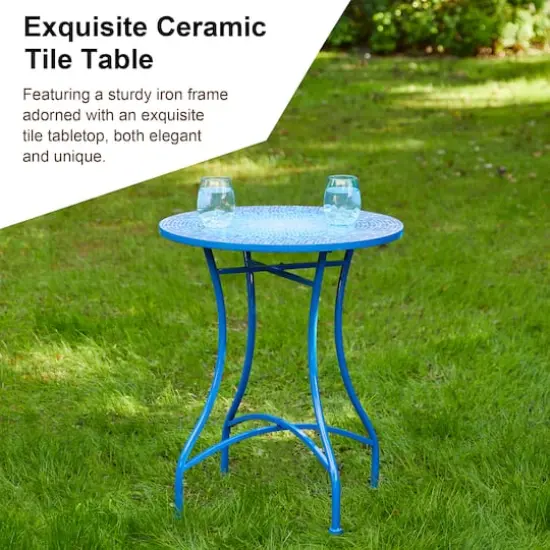 Glitzhome&reg; 28" Blue Outdoor Metal Folding Bistro Table with Ceramic Tile Top {5}