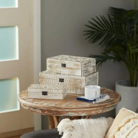 Distressed White Wooden Filigree Decorative Box Set {3}