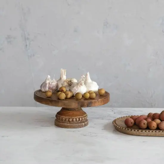 Hello Honey&reg; 11.5" Hand-Carved Mango Wood Pedestal with Wood Beads {6}