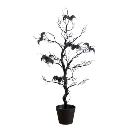 3ft. Pre-Lit Artificial Halloween Black Spooky Twig Tree with Bats and 100 Orange & Purple LED Lights {1}