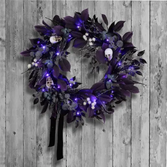 26" Floral Mini Skulls Pre-Lit LED Wreath {3}