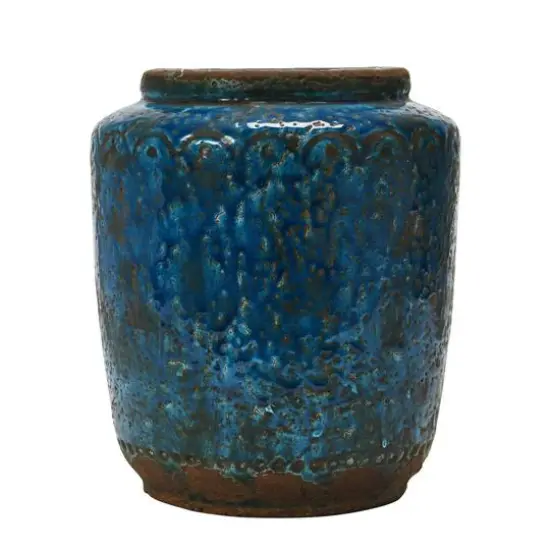 Hello Honey&reg; 9" Distressed Blue Debossed Terracotta Vase {3}