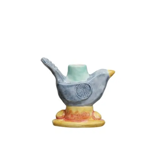 Hello Honey&reg; 6" Yellow & Blue Chirpy Elegance Stoneware Taper Candle Holder {3}