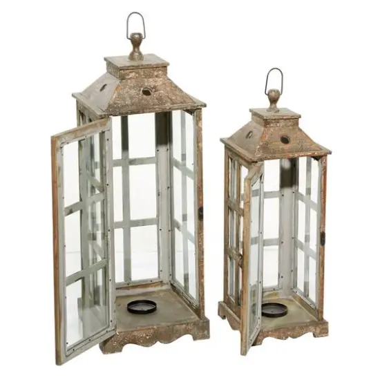 Set of 2" Brown Wood Rustic Lantern, 33", 27" {3}
