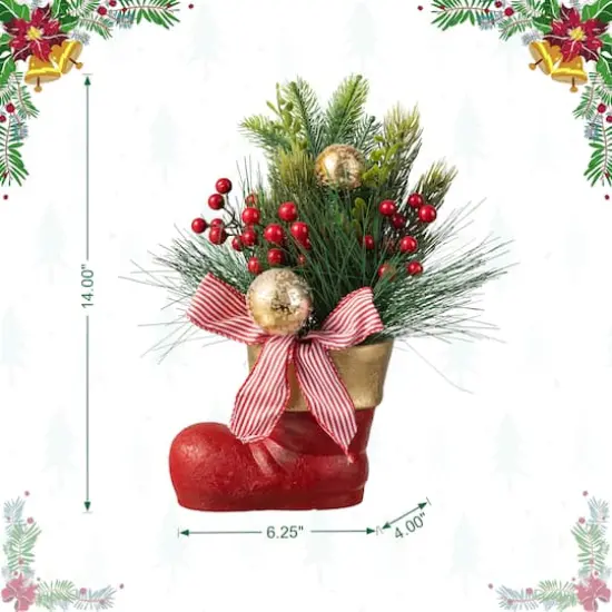 Glitzhome&reg; 14" Christmas Red Boot with Pine Needle & Berry Centerpiece {7}