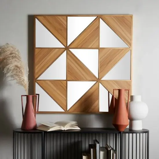 Light Brown Wood Triangle Mirrored Geometric Wall Decor 36" x 2" x 36" {7}
