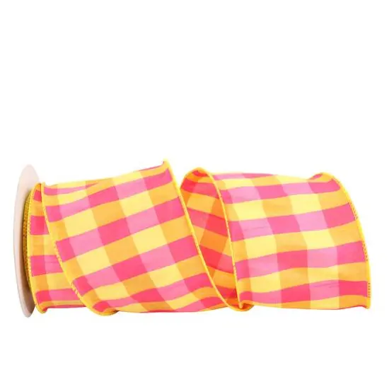 JAM Paper 4" x 10yd. Yellow & Fuchsia Check Dupioni Wired Ribbon {1}