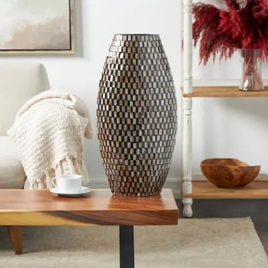 24" Black Mother of Pearl Handmade Geometric Mosaic Inspired Thin Vase {12}