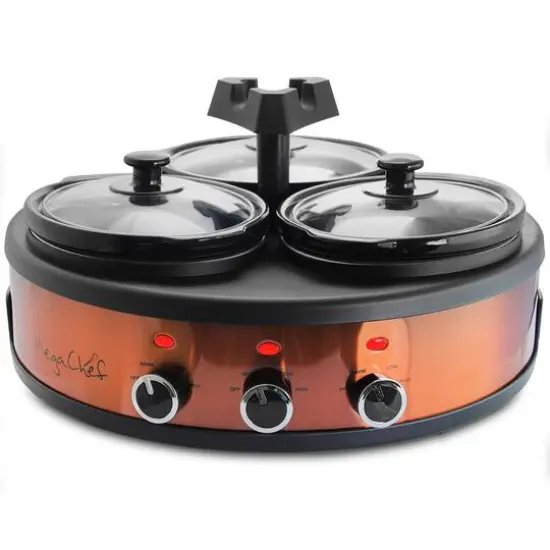 MegaChef Brushed Copper & Black Round Triple 1.5qt. Slow Cooker & Buffet Server Finish With 3 Ceramic Cooking Pots & Removable Lid Rests {12}