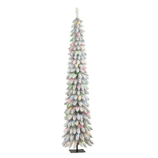 7ft. Pre-Lit Flocked Artificial Alpine Pencil Tree, Multicolor Lights {1}