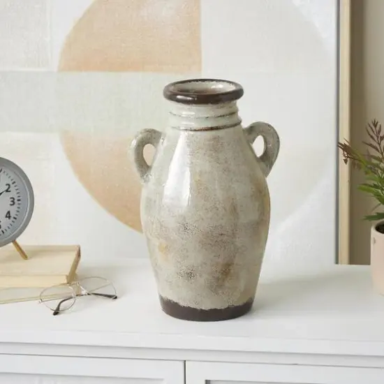 13.75" Cream Ceramic Antique Amphora Vase with Speckled Texturing {9}